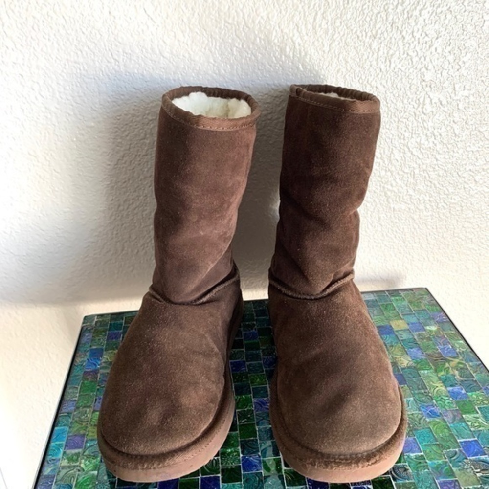 Brown Suede Leather Sheepskin Winter Snow Boots Size 8